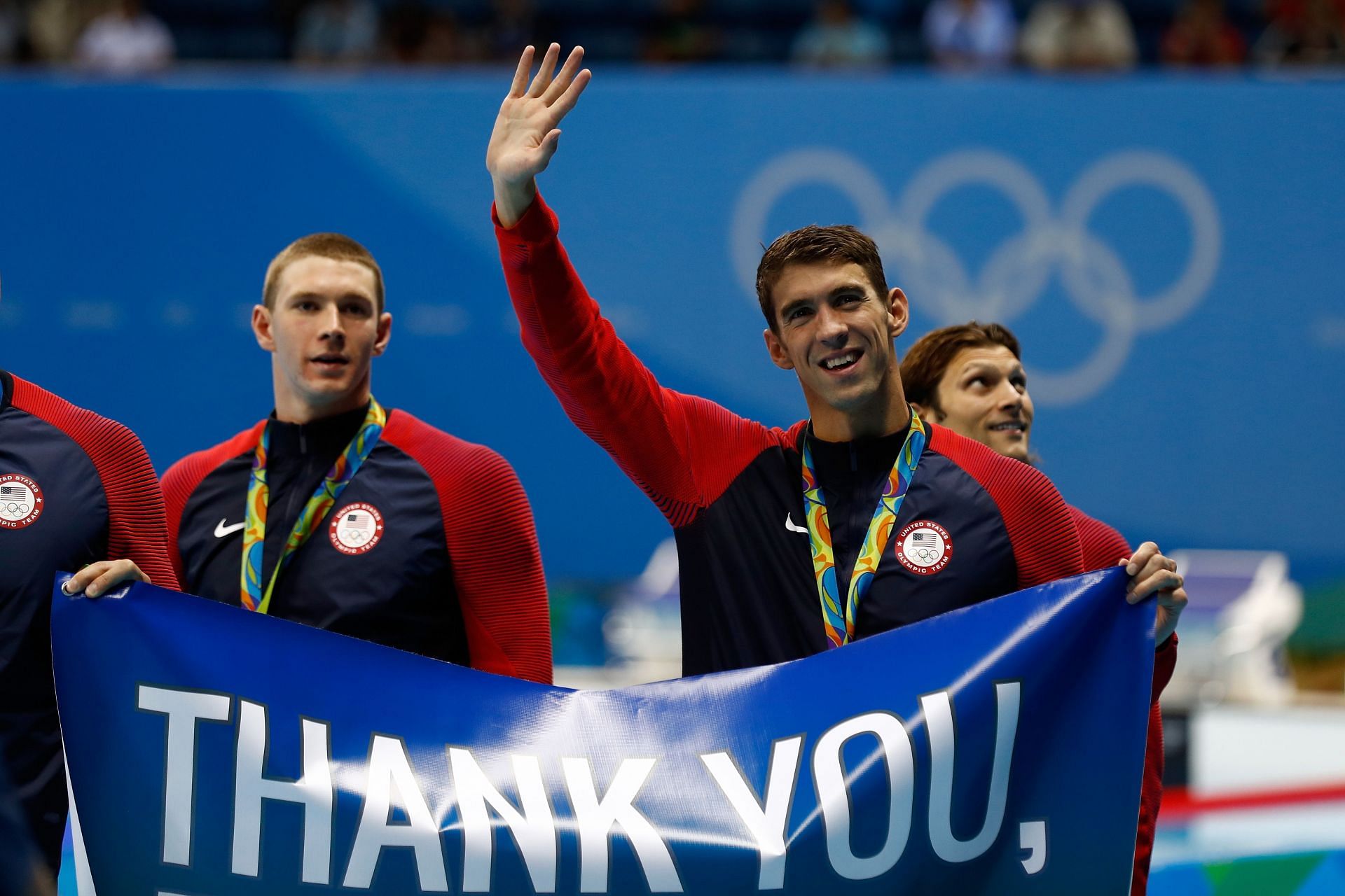 Phelps during the Men's 4x400m medley relay with his teammates on the eighth day of the 2016 Rio Olympics (Image via: Getty Images)